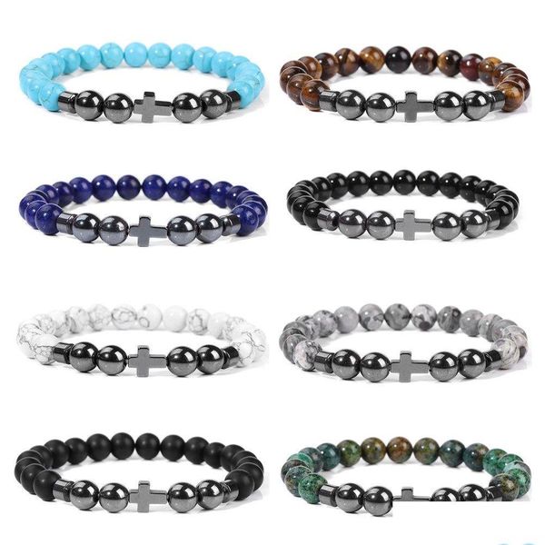 Perles d'hématite naturelle croix Lapis œil de tigre perles de pierre femmes hommes Bracelets livraison directe bijoux Dhzqr