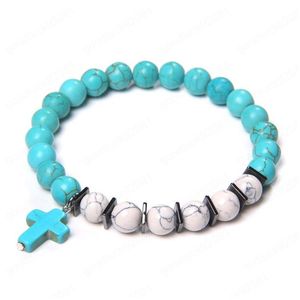 Perlé Naturel Pierre De Lave Blanc Howlite Turquoises Perles Bracelets Croix Charme Bracelet Femme Homme Bijoux De Mode Homme Cadeau Drop D Dhu87