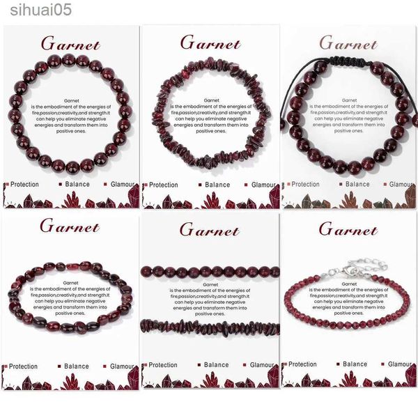 Pulseras de cuentas de granate rojo natural con cuentas para mujeres y hombres Chip irregular Grava Gema redonda Cuarzos Pulseras de cuentas de piedra con joyería de tarjeta YQ240226