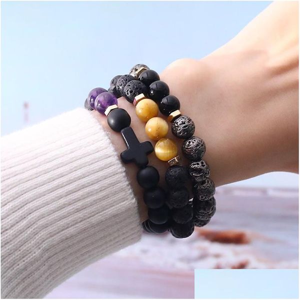 Cuentas de piedra natural Bead Cross Charm Bracelet Hecho a mano Ajustable Black Matte Agate Beads Cuerda elástica Pulseras Jewelry Friends Gi Dhroe