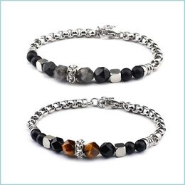 Bracelets perlés en pierre naturelle perlée chaîne réglable Sier Bracelet en acier inoxydable oeil de tigre pour hommes bijoux cadeau livraison directe Dho5I