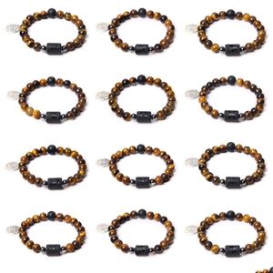 Pulsera de cuentas de Chakras de piedra natural con cuentas para hombres con Twee Signos del zodiaco Ojo de tigre amarillo Mujeres elásticas Entrega de gota Bracel Dh2Z1