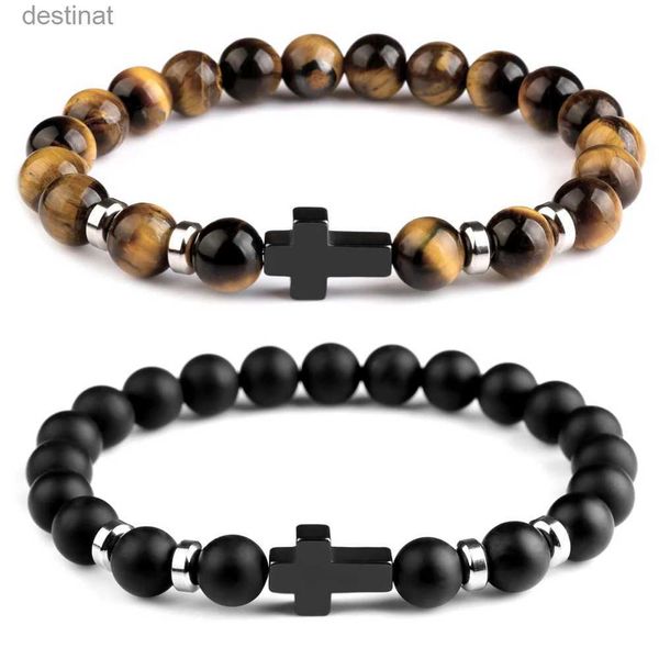 Pulseras cruzadas de piedra natural con cuentas Hematita Cruz de acero inoxidable Cuerda elástica Mapa Pulsera de cuentas de lava para hombres Mujeres Charm JewelryL24213