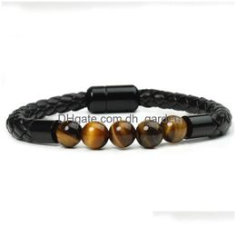 Perlé Pierre Naturelle Tiger Eye Brins Magnétique Snap Bracelet Tissage Tresse Femmes Hommes Bracelets Bracelet Bracelet Manchette Bijoux De Mode Dhj3B