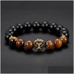 Bracelets en pierre d'oeil de tigre naturelle perlée, breloque porte-bonheur Lion doré pour hommes, bijoux à la mode, livraison directe Dhuq7