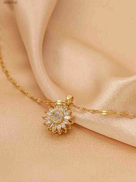 Colliers perlées 1 chaîne de lèvres en or 18 carats en acier inoxydable avec collier de tournesol rotatif pendant231225