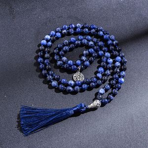 Colliers perlés 108 Mala naturel Sodalite Lapis Lazuli fait à la main noeud perlé méditation Yoga anniversaire grand bouddha tête gland Long collier 220929