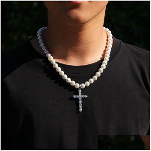 Colliers De Perles 8Mm 10Mm Mode Hommes Collier De Perles Nouveau Hip Hop Bijoux Glacé Croix Pendentif Drop Delivery Pendentifs Dhxbq