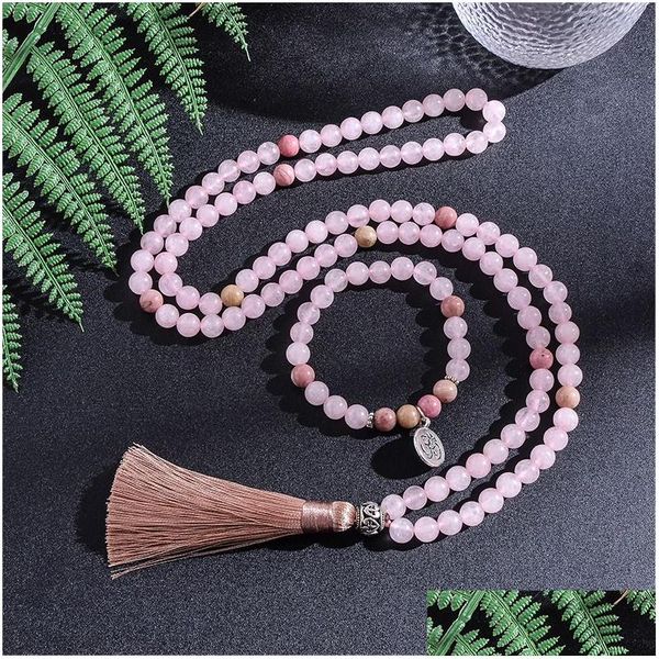 Collares de cuentas 8 mm Rosimento de rosa de rosa de 8 mm Juego de meditación Meditation Joya de yoga Joyería 108 Japa Mala Rosario con OM colgante Dr otjph