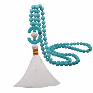 Kralen kettingen kralen kettingen trui ketting kwastje hanger blauw wit turquoise lange Europese en Amerikaanse mooie ketting Jood Dh2J6