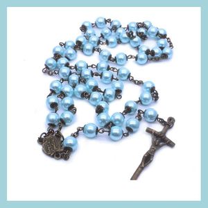 Colliers De Perles Bleu Perle Chapelet Collier Femmes Hommes Vintage Jésus Croix Colliers Pendentif Classique À La Main Prière Chai Dhseller2010 Dhfzw