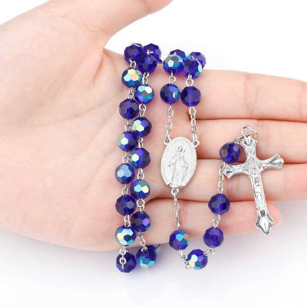 Colliers de perles Collier de chapelet catholique en cristal de verre bleu foncé Christ Cross Rosary306S