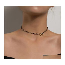 Colliers perlés Mode luxe noir cristal verre perle chaîne collier ras du cou pour les femmes fleur Lariat serrure collier cadeaux 5617 Q2 Dro Dhofk