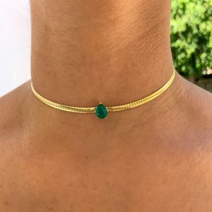 Colliers de perles couleur or bijoux pour femmes européennes 4MM chaîne à maillons cubains larme verte CZ collier de chaîne à chevrons en pierre unique 230208