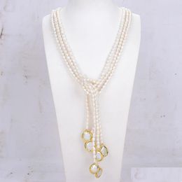 Colliers de perles Guaiguai Bijoux 3 brins Naturel Ctured Blanc Perle De Riz Lariat Longue Chaîne De Chandail Collier À La Main Pour Les Femmes Réel Dhpaa