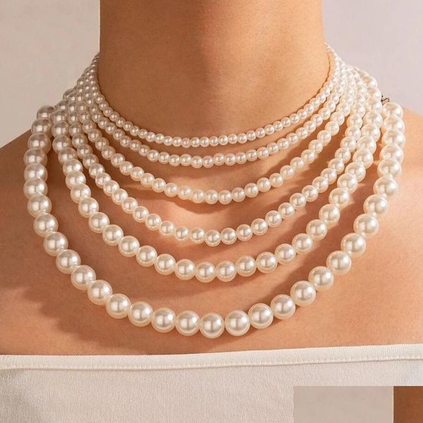 Colliers perlés faits à la main Vintage Simation ronde perle collier ras du cou élégant Simple réglable tailles Mtiple pour femmes filles Drop Del Dh6Br