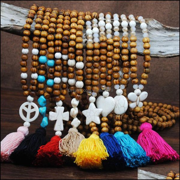 Collares con cuentas Collar largo con colgante de borlas, cuentas de madera anudadas hechas a mano, joyería de Buda para mujeres y niñas, gota de piedra de madera Dhvat
