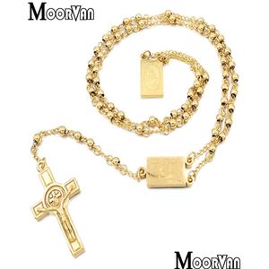 Collares de cuentas Moorvan 4 mm 66 cm de oro de oro largo Men rosario collar de acero inoxidable Relín de Jesús Joyas 2 colores 20121 DHWMQ