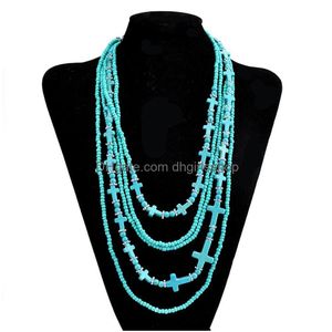 Mtilayer Turquoise croix colliers mode bohême pierre tour de cou bijoux cadeau pour les femmes rétro perles de verre chaîne perlée Dhi9B