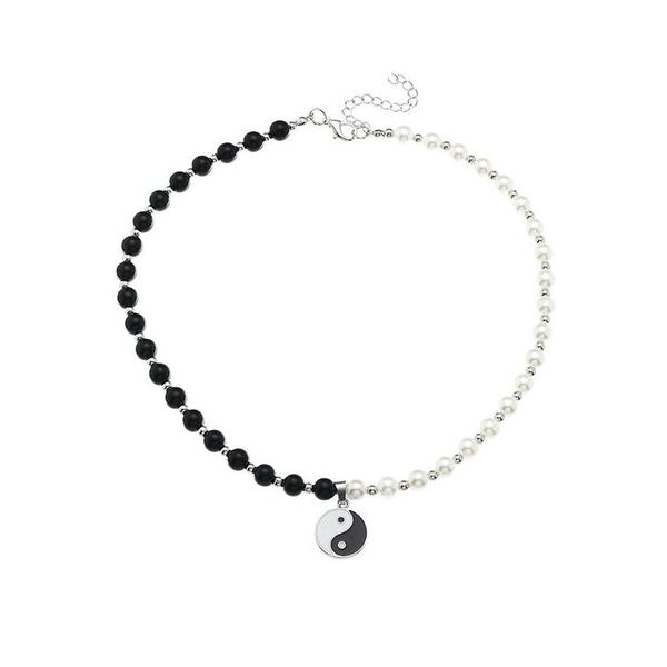 Collares con cuentas Punk Negro Blanco Perlas de imitación Gargantilla para hombres Ronda Tai Chi Gossip Colgante Collar Joyería Entrega de gota Colgantes