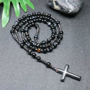 Colliers de perles Ruby Cross Pendants Collier Mens et Femmes Catholic Christ Collier Rose Strip Black Agate Perles