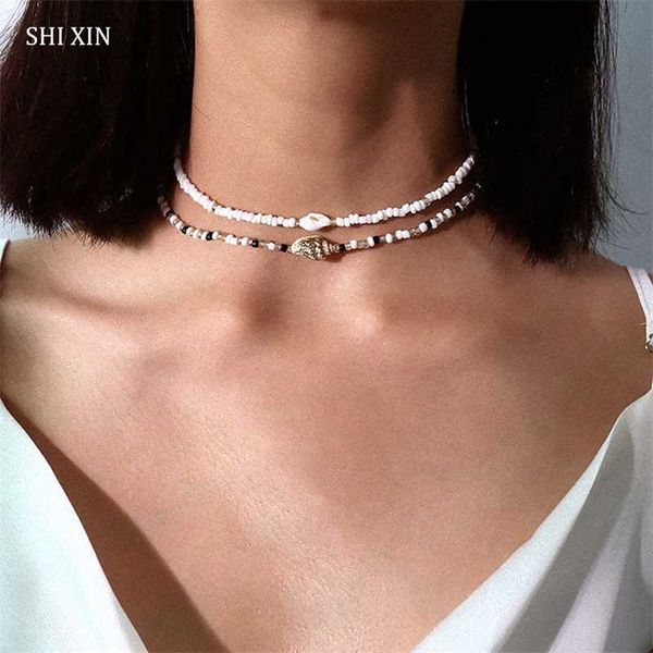 Collares con cuentas Shixin separable 2 capas blanco negro cuentas coreanas pequeña concha gargantilla Collar para mujer moda Collar 230613
