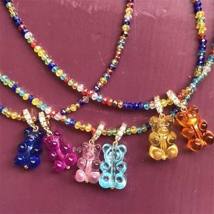 Colliers de perles à la mode mignon gommeux ours Zircon pendentif collier pour femmes perles d'imitation perles de verre colorées tour de cou bijoux 230613
