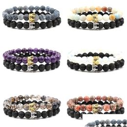 Beaded New 17 Colors 2Pc / Set 8Mm Lava Stone Bracelet Parejas Crown Luxury Designer Jewelry Mujeres Bracelects Tiger Eye Turquoise Men Dhr19