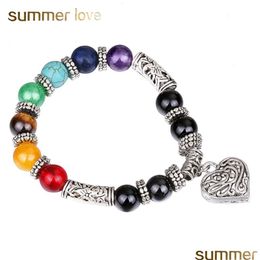 Con cuentas nueva llegada 10 mm corazón encanto pulsera de cuentas para mujeres hombres hecho a mano 7 chakra curación Ncing pulseras de yoga joya retro Dhgarden Dhkbg