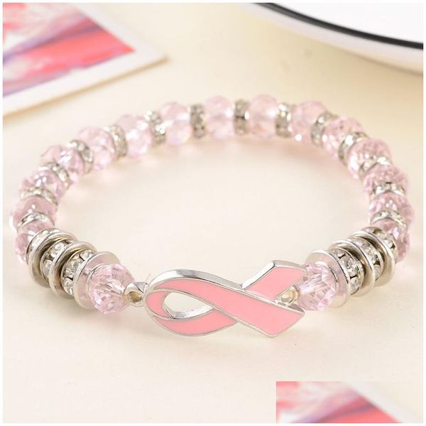 Perlé Nouvelle Arrivée Sensibilisation Au Cancer Du Sein Bracelets Femmes Ruban Rose Bracelet Perles De Verre Chaînes Pour Dames Mode Diy Bijoux Drop Dhehs