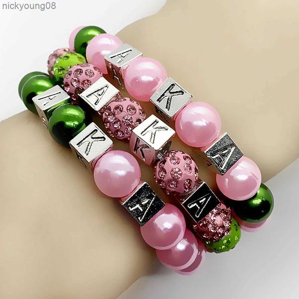 Perlé nouveauté fait à la main lettre grecque ALPHA perles en métal charme vert rose imitation perle bracelet setL231114