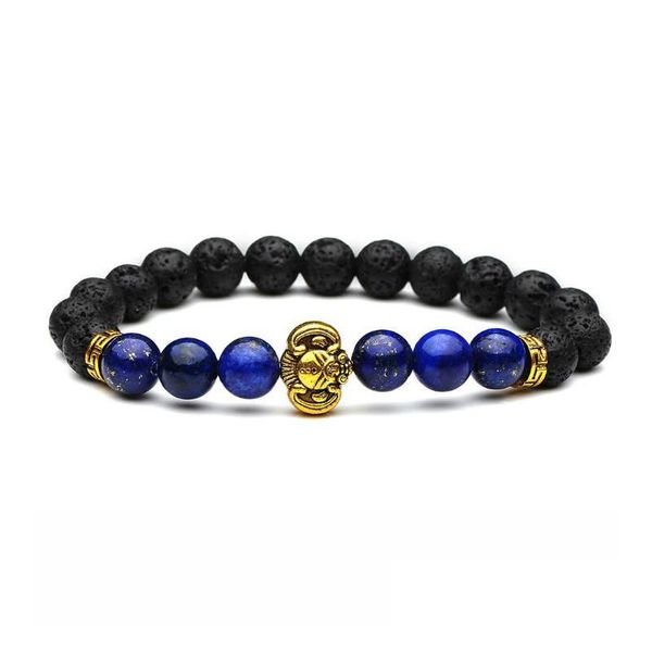 Con cuentas nuevos brazaletes joyería color dorado aleación elefante cabeza encantos 8 mm lava negro cuentas de piedra pulsera para mujeres entrega de gota 202 DHS8I