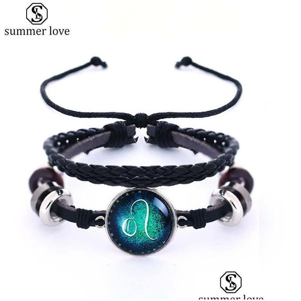 Perlé Nouvelle Mode 12 Constellations Bracelet En Cuir Tressé Signe Du Zodiaque Avec Cerceau Punk Bracelet Bracelets Pour Hommes Garçons Bijou Dhgarden Dhphd