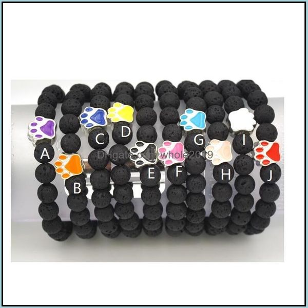 Cuentas New Paw Charms 8Mm Black Lava Stone Strand Pulsera elástica Aceite esencial Difusor Pulseras Roca volcánica Huella Mano Dro Dhmtu