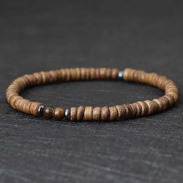 Kralen noot 4 mm heren natuurlijke kokosnoot kraal armband vintage meditatie houten behandeling kleine gele koperen tijger oogsteen pulsera homme1