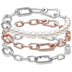 Pulsera de cadena de eslabones pequeños con perlas cultivadas de agua dulce de rosa original con cuentas, brazalete de plata de ley 925, apto para Europa, abalorio de cuentas, joyería DIY 231208