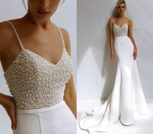Robes de mariée de sirène perle perle 2023 bretelles spaghetti robes nues en satin satin robe de mariee civil pour les femmes nouvelles