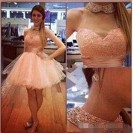 Perlas con cuentas Pink Homecoming Dresses Halter High Neck A Line Tulle Lace Apliques Party de graduación hecha a personalización Vestidos de graduación cortos