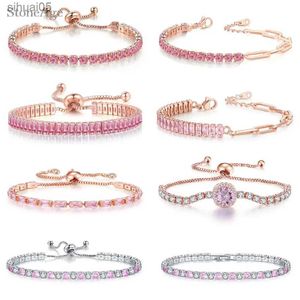 Bracelets de Tennis en cristal rose perlé pour femmes, tendance féminine, romantique, brillant, zircone, boucle pliante réglable, chaîne sur la main, bijoux YQ240226