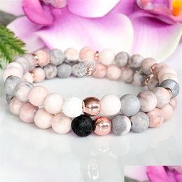 Bracelet en pierre naturelle de jaspe zèbre rose perlé cristaux de guérison Mala Yogi pour femmes diffuseur d'huile essentielle de roche de lave goutte D Dhgar227W