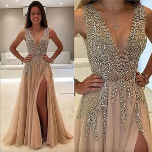 Prom perlé robes longues sexy profonde V côté cou côté partage tulle tulle train Train Soirée Party Wear robe A Line Vestidos de Fiesta