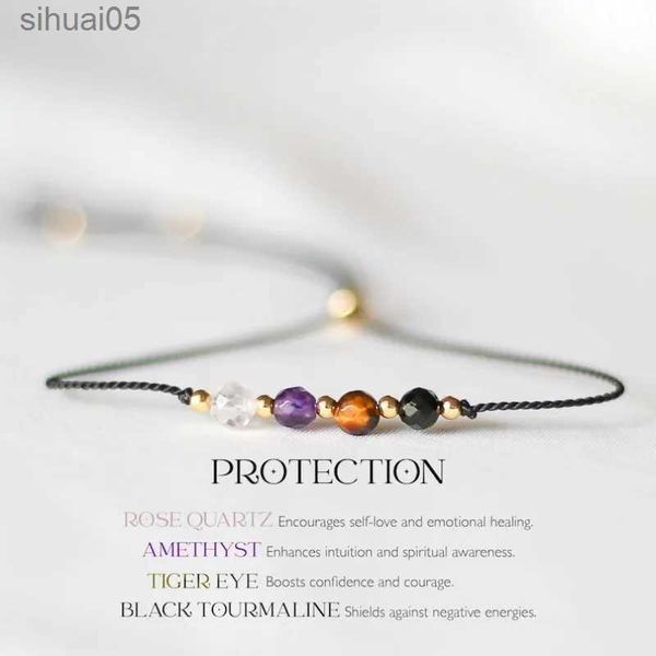 Pulsera de cristal de protección con cuentas |Empath Protection Pulsera curativa con cordón ajustable, cuarzo rosa, amatista, turmalina negra, YQ240226