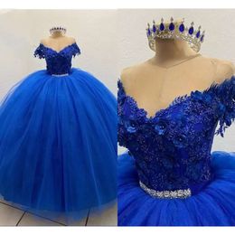 Boaded Quinceanera Royal Blue Dree Crytal 3D Floral Lace Apliques Off the Shoulder Cap Cutom Hecho Sweet 16 Prince Prom Pageh Ball Vestido