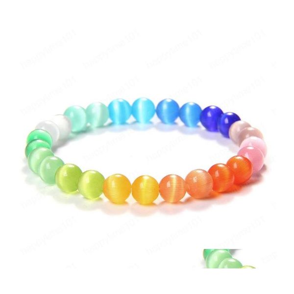 Perles arc-en-ciel œil de chat cristal verre perles de pierre charme Reiki bracelet bracelet femmes bracelets élastiques bijoux en gros livraison directe Dhakf