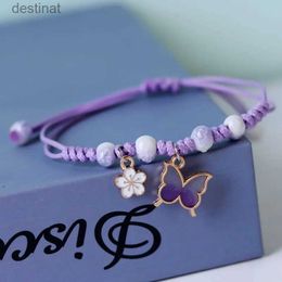 Rinhoo con cuentas, moda hecha a mano, pulsera de flor de mariposa púrpura para mujer, colgante de Animal dulce, pulseras trenzadas, brazalete, joyería L24213