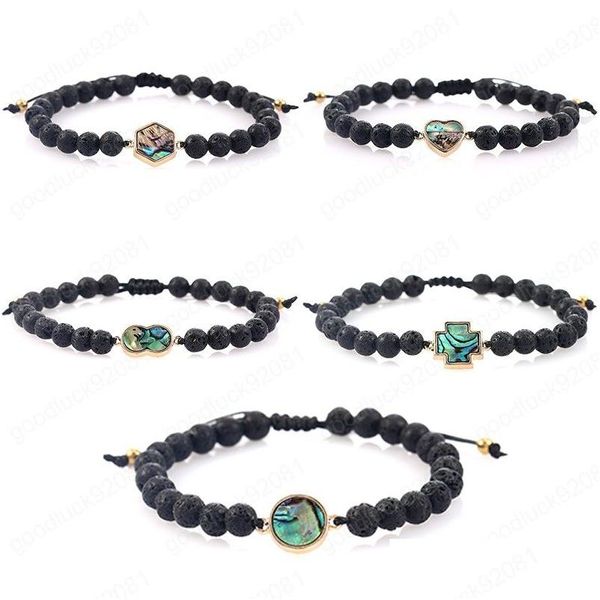 Perlé Rond Croix Coeur Abalone Shell Charme Bracelet De Mode 6 Mm Noir Perles De Pierre De Lave Pour Femmes Hommes Réglable Corde Bijoux Drop Dhr24