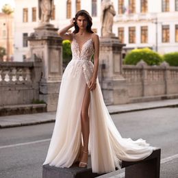 Robe de mariée en satin perlé avec train détachable manches longues chapelle robes de mariée plis blanc jardin robes de mariée printemps robe de novia mgd