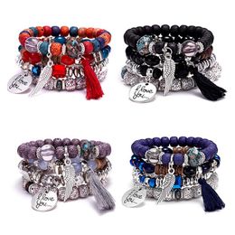 Perlé Vente Ailes Gland Pierre Naturelle Costume Mtilayer Bracelet Imitation Bodhi Style Bohème Stretch En Gros Drop Dhfnb