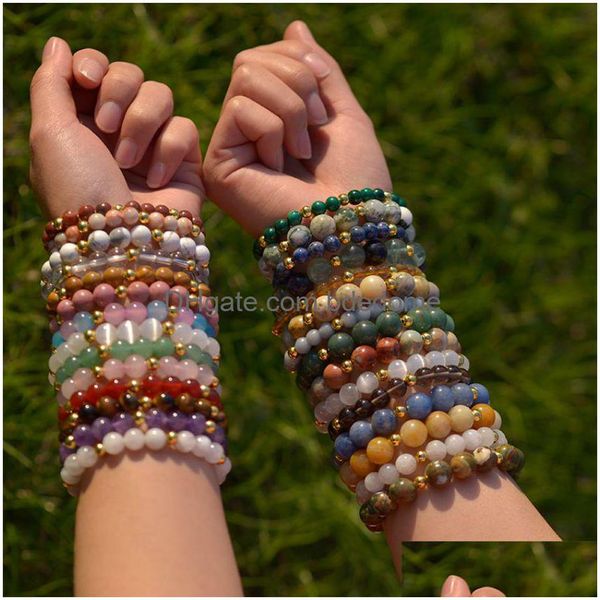 Brin de bracelet naturel en pierre semi-précieuse perlée avec perle en acier inoxydable doré Améthyste Bracelets en cristal de guérison Fashion Drop Deli Dhvwg