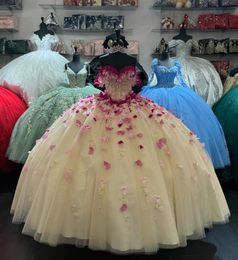 Robes de Quinceanera en dentelle à paillettes perlées, robe de bal jaune clair, chérie, soirée de bal, concours de beauté, robes d'anniversaire, robe décorée de papillons, 2024